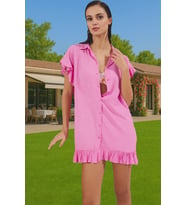 Yazlık Kadın Bisiklet Yaka Kısa Volanlı Plaj Elbisesi Crinkle Dokuma Rahat Ve Şık Dayanıklı Malzeme (Pembe)