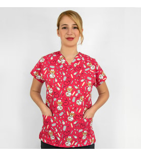 Unisex Kırmızı Ayıcık Desenli  Esnek Likralı Doktor Hemşire Veteriner  Scrubs Cerrahi Tek Üst Forma
