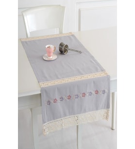 Buldan Keteni Ara Dantelli İpek İşlemeli 50x130 cm Runner (Gri)