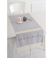 Buldan Keteni Ara Dantelli İpek İşlemeli 50x130 cm Runner (Gri)
