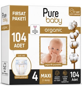 Pure Baby Organik Bebek Bezi 4 Beden 7-16 KG Maxi 104 Adet Ekonomik Fırsat Pk