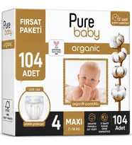 Pure Baby Organik Bebek Bezi 4 Beden 7-16 KG Maxi 104 Adet Ekonomik Fırsat Pk