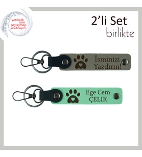 Kedi Sever Kardeşe Ortak Anı Olarak, Kalpli Pati Temalı Deri Anahtarlık Takımı, Kül Gri-Açık Yeşil