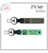 Kedi Sever Kardeşe Ortak Anı Olarak, Kalpli Pati Temalı Deri Anahtarlık Takımı, Kül Gri-Açık Yeşil