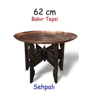 62 cm El İşlemeli Otantik Desenli Kalın Urfa Bakır Tepsi + Katlanabilir Sehpa - BAKIR-TPS496
