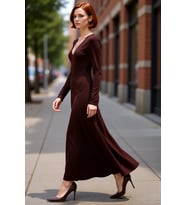 Kadın V Yaka Bodycon Kesim Uzun Kollu Maxi Boy Yırtmaç Detaylı Düz Örme Elbise Zarif Stil Kaliteli