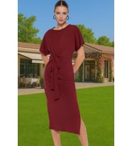 Yeni Slim Casual Günlük Süprem Örme Bisiklet Yaka Kısa Kol Bodycone Midi Boy Elbise (Bordo)
