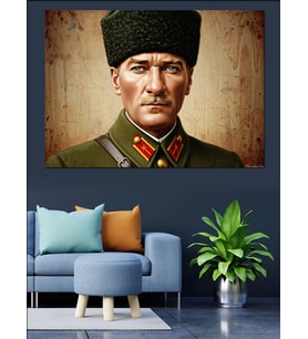 Eskitme Kalpak Başlıklı Atatürk Portresi Dekoratif Kanvas - Mdf Ahşap Tablo