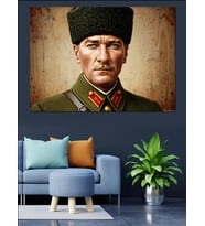 Eskitme Kalpak Başlıklı Atatürk Portresi Dekoratif Kanvas - Mdf Ahşap Tablo