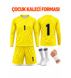 Sarı Şortlu Takım Çocuk Kaleci Forması Takımı 4 Parça Forma+Şort+Çorap+Bileklik