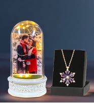 Kişiye Özel Led Işıklı Fotoğraflı Fanus & Gerçek Ametist Taşlı Lotus Kolye
