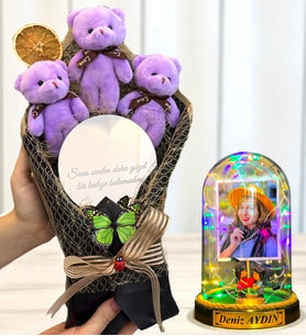 Kişiye Özel Renkli Led Işıklı Biblolu Fanus ve Aynalı Mor Peluş Ayıcık Buketi (Model 6)