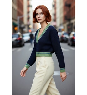 Kadın Oversize V Yaka Renk Bloklu Triko Kazak Soğuk Havalar İçin Basic Crop Uzun Kol Stil.