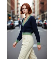 Kadın Oversize V Yaka Renk Bloklu Triko Kazak Soğuk Havalar İçin Basic Crop Uzun Kol Stil.