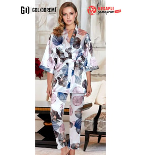 Goldoremi 3090 Kadın Saten Askılı Büstiyerli Sabahlıklı 3'lü Gelin Çeyiz Pijama Takım