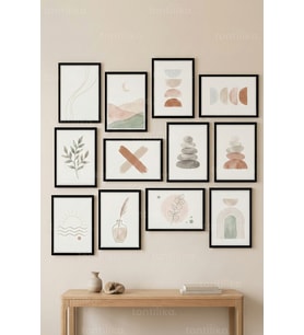 12 Parça Soft Minimal Dekoratif Çerçeve Görünümlü Tablo Seti