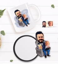 BK Gift Kişiye Özel Baba Oğul Karikatürlü Beyaz Kupa ve Ahşap Bardak Altlığı Hediye Seti-1