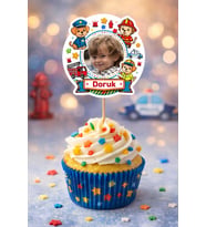Kişiye Özel Polis İtfaiye Temalı 6 Adet Cupcake Süsü 8 cm  İsimli Fotoğraflı Doğum Günü