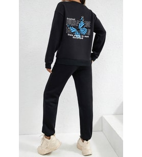 Unisex Blues Butterfly Baskılı Bisiklet Yaka Eşofman Takımı (Siyah)