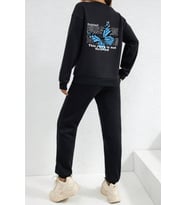Unisex Blues Butterfly Baskılı Bisiklet Yaka Eşofman Takımı (Siyah)
