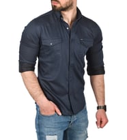 DeepSEA Erkek Lacivert Slim Fit Pamuklu Çift Cepli Kot Gömlek Çıtçıtlı Uzun Kollu Spor Gömlek 2502503