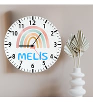 Kişiye Özel İsimli Bebek ve Çocuk Odası Dekoratif Cam Saat - Gökkuşağı Desenli