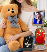 Kişiye Özel Muhteşem Set Kahve Peluş Ayıcık, Renkli Anka Kuşu Kolye, Led Işıklı Fanus ve Fotoğraf (Model 1)