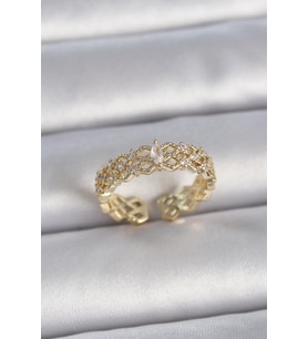 Pirinç Gold Renk Zirkon Taşlı Zikzak Ayarlanabilir Model Kadın Yüzük (Altın)