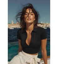 Kadın Polo Yaka Fermuarlı Crop T-Shirt (Antrasit)
