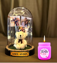 Kişiye Özel Hediye Seti  Led Işıklı İsimli ve 3 Fotoğraflı Fanus & Kokulu Mum (Model 1)