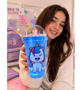 Led Işıklı Mavi Unicorn Tasarımlı Pipetli Suluk – Hediyelik Buz Görünümlü 450 ML Çift Katman 2646