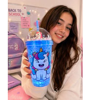Led Işıklı Mavi Unicorn Tasarımlı Pipetli Suluk – Hediyelik Buz Görünümlü 450 ML Çift Katman 2646
