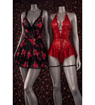 Kırmızı Dantel Fantazi Gecelik & Çiçek Desenli Tül Babydoll Set (Romantik Koleksiyon) (Karışık)