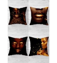 Afrikalı Siyahi Kadın Gizli Fermuarlı Kırlent Kılıfı Koltuk Yastık Kılıfı Takım(4adet) (Siyah-Gold)