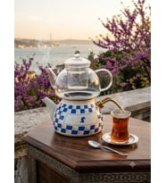 EMAYE CAM ÇAYDANLIK BEYAZ MAVİ KARE