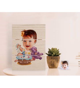 BK Gift Kişiye Özel Bebek Doğum Günü Karikatürlü Otantik Masaüstü Ahşap Palet Çerçeve-2 (Beyaz)