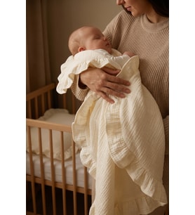 Bebek Battaniyesi ve Bebek Yastık Kılıfı & %100 Pamuk Müslin / Krem Renk /