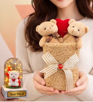 Kalpli Premium 2'li Kahve Peluş Ayıcık Buketi (Kişiye Özel Işıklı Beyaz Ayıcıklı Fanus Hediyeli) (Model 3)
