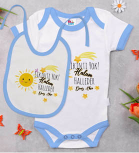 BK Kids Kişiye Özel Sıkıntı Yok Halam Halleder Tasarımlı Mavi Bebek Body Zıbın ve Mama Önlüğü Hediye Seti