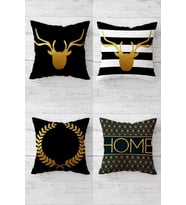 Gold Geyik Desenli Home Yazılı Gizli Fermuarlı Kırlent Kılıfı Koltuk Yastık Kılıfı Takım(4adet) (Siyah-Gold)