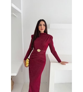 kadın kol vatkalı toka detaylı drapeli maxi elbise NBK4358