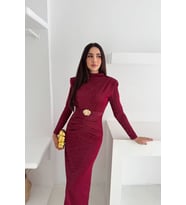 kadın kol vatkalı toka detaylı drapeli maxi elbise NBK4358