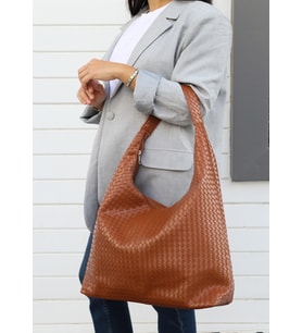 Hlin Kadın Büyük Boy Örgü Desenli Fermuarlı Shopper Omuz ve Kol Çantası (Taba)