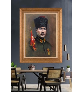 Altın Varaklı Çerçeveli Paspartulu Atatürk Tablo TR1313 (Gold)