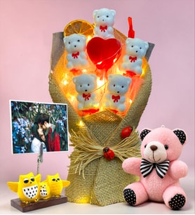 Kişiye Özel LED Işıklı Ayıcık Buketi – Baykuş Fotoğraf Tutucu & Peluş Anahtarlık