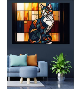 Vitray Sanatı Renkli Kedi Tablosu Dekoratif Kanvas - Mdf Ahşap Tablo