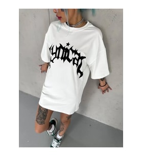 Unisex Bisiklet Yaka Baskılı Oversize T-Shirt - Beyaz