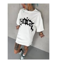 Unisex Bisiklet Yaka Baskılı Oversize T-Shirt - Beyaz
