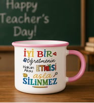 BK Gift Kişiye Özel Öğretmen Tasarımlı Pembe Emaye Kupa Bardak -3, Öğretmene Hediye, Öğretmenler Günü Hediyesi
