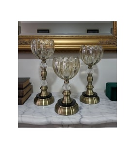 Gümüş Ayaklı Bronz Cam Şamdan Mumluk 3'lü Set